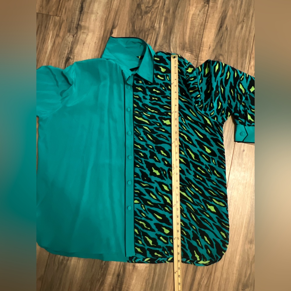 Bob Mackie Wearable Art Silk Blouse Top 2X Teal Animal Colorblock Statement - Picture 8 of 9